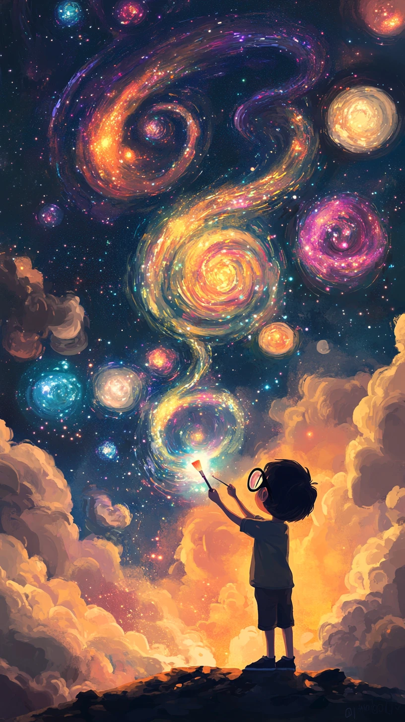 Child painting a glowing galaxy sky with magical brush