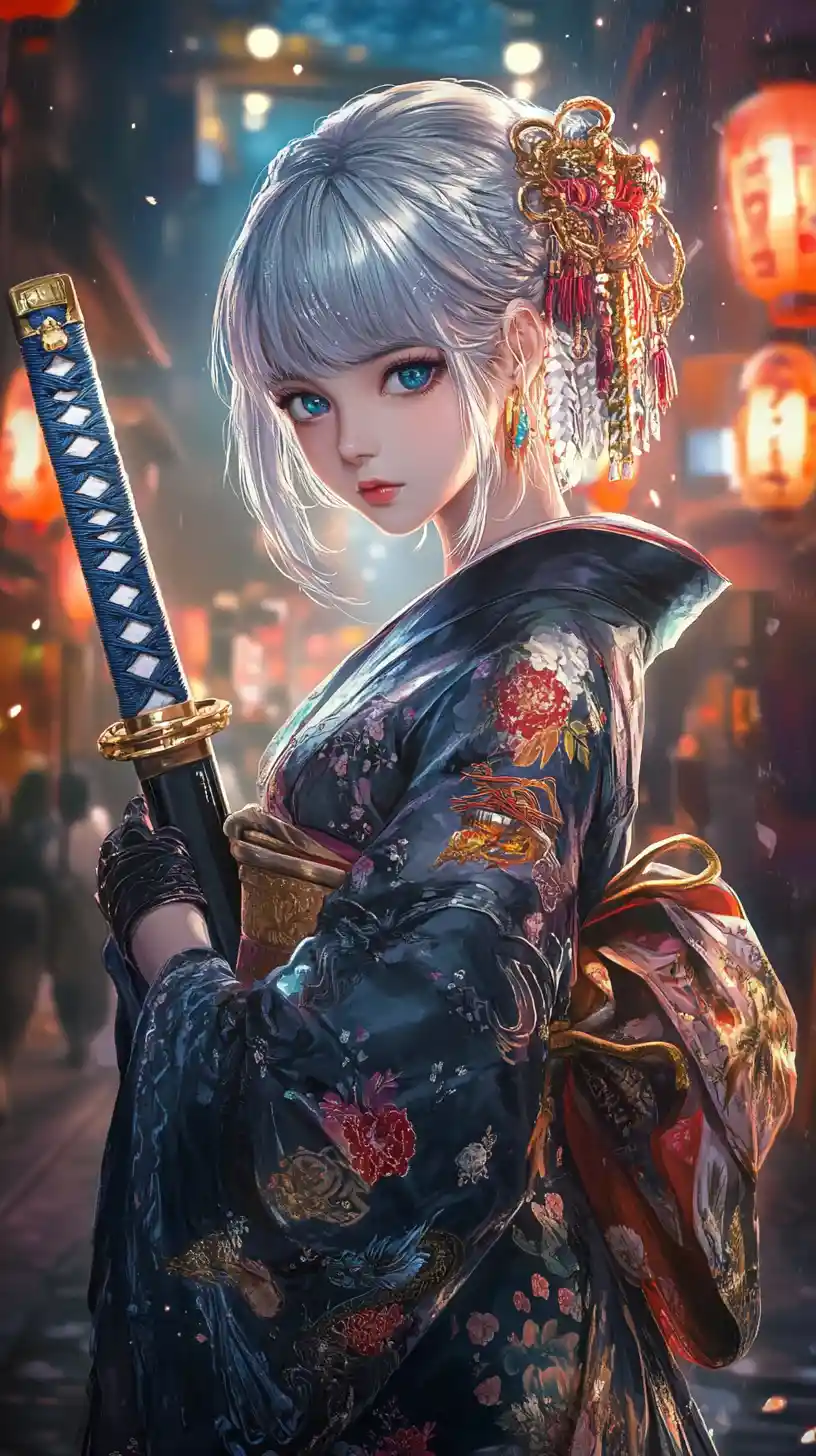 Anime swordswoman in dragon kimono on neon lit street