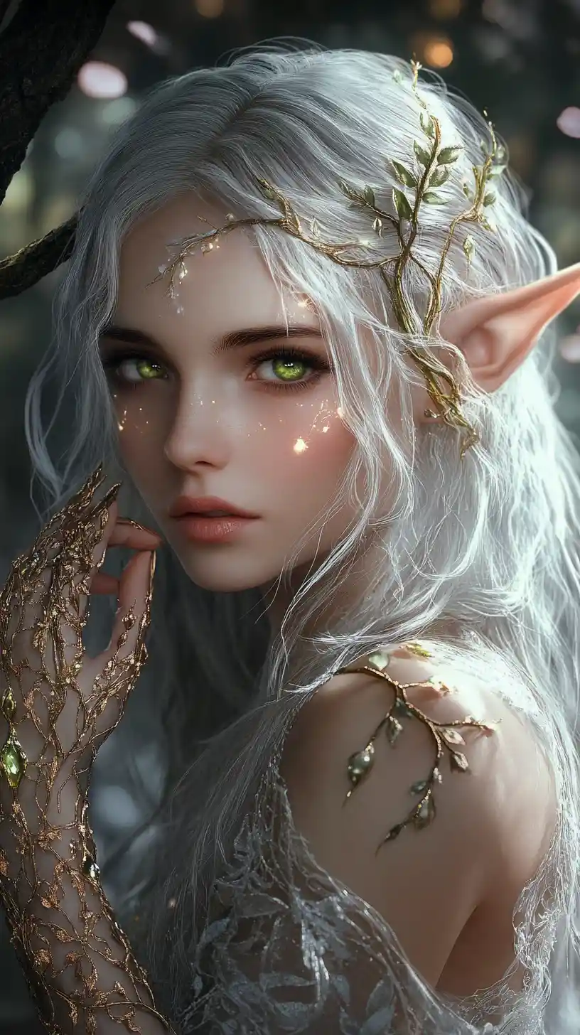 Enchanted elf woman in glowing forest portrait