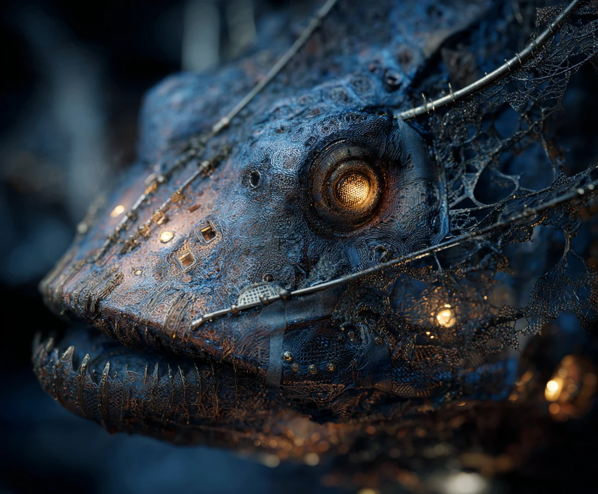 Close up of a gigantic mechanical cyber fish with glowing eyes