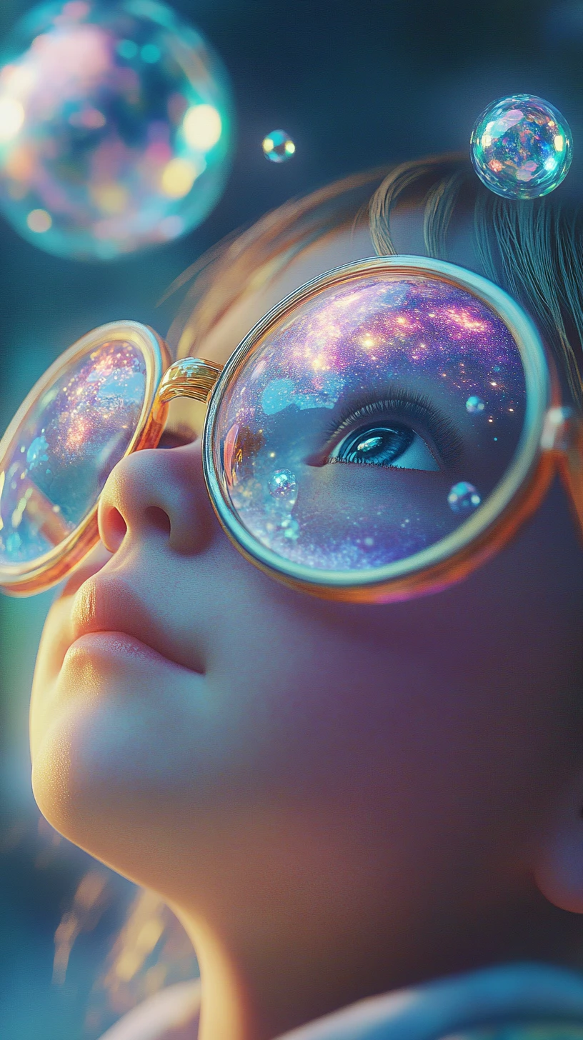 Girl with oversized glasses watching surreal cosmic time bubbles