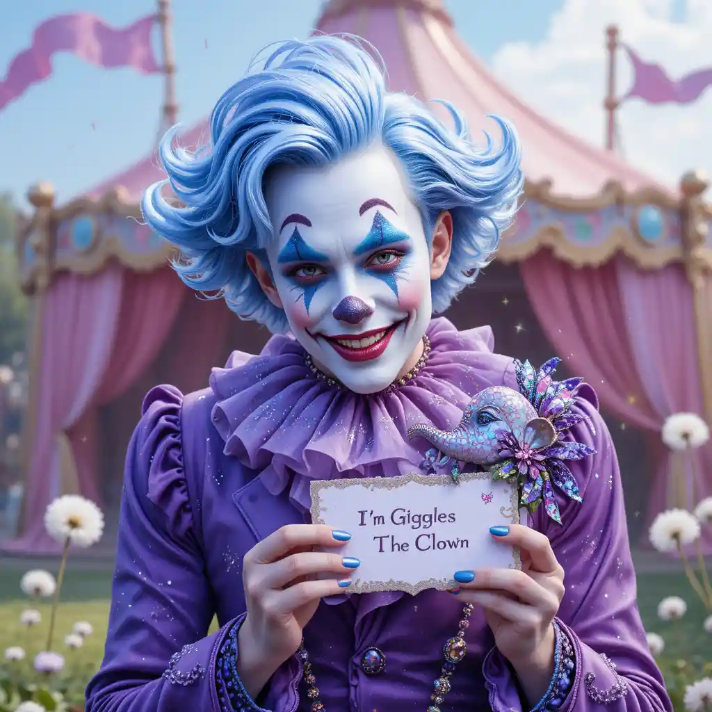 Smiling young clown holding a tiny crystal elephant