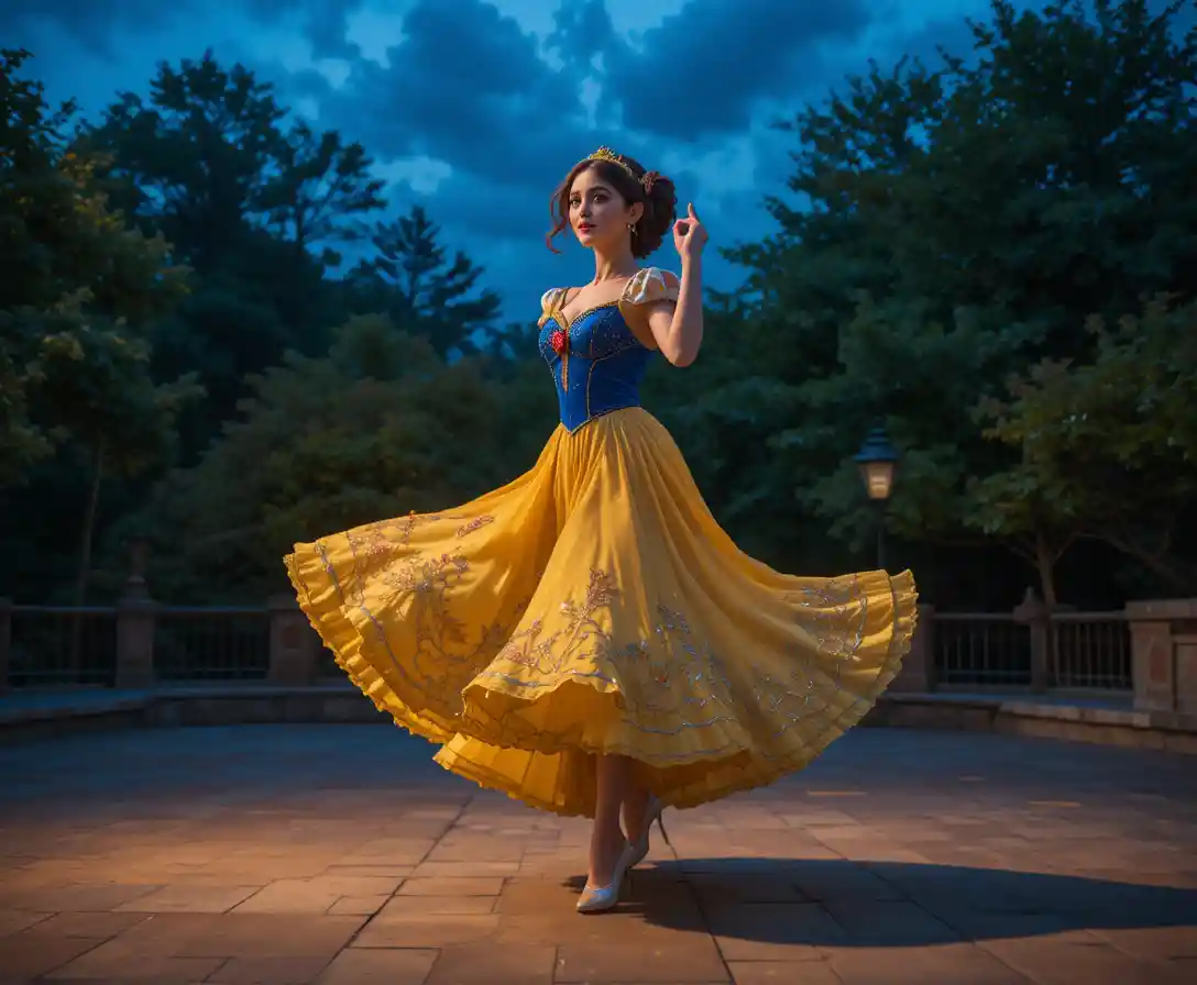 Princess dancer in white heels on an outdoor dance floor