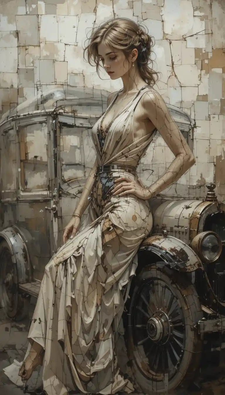 Vintage car and woman in nostalgic belle epoque oil painting