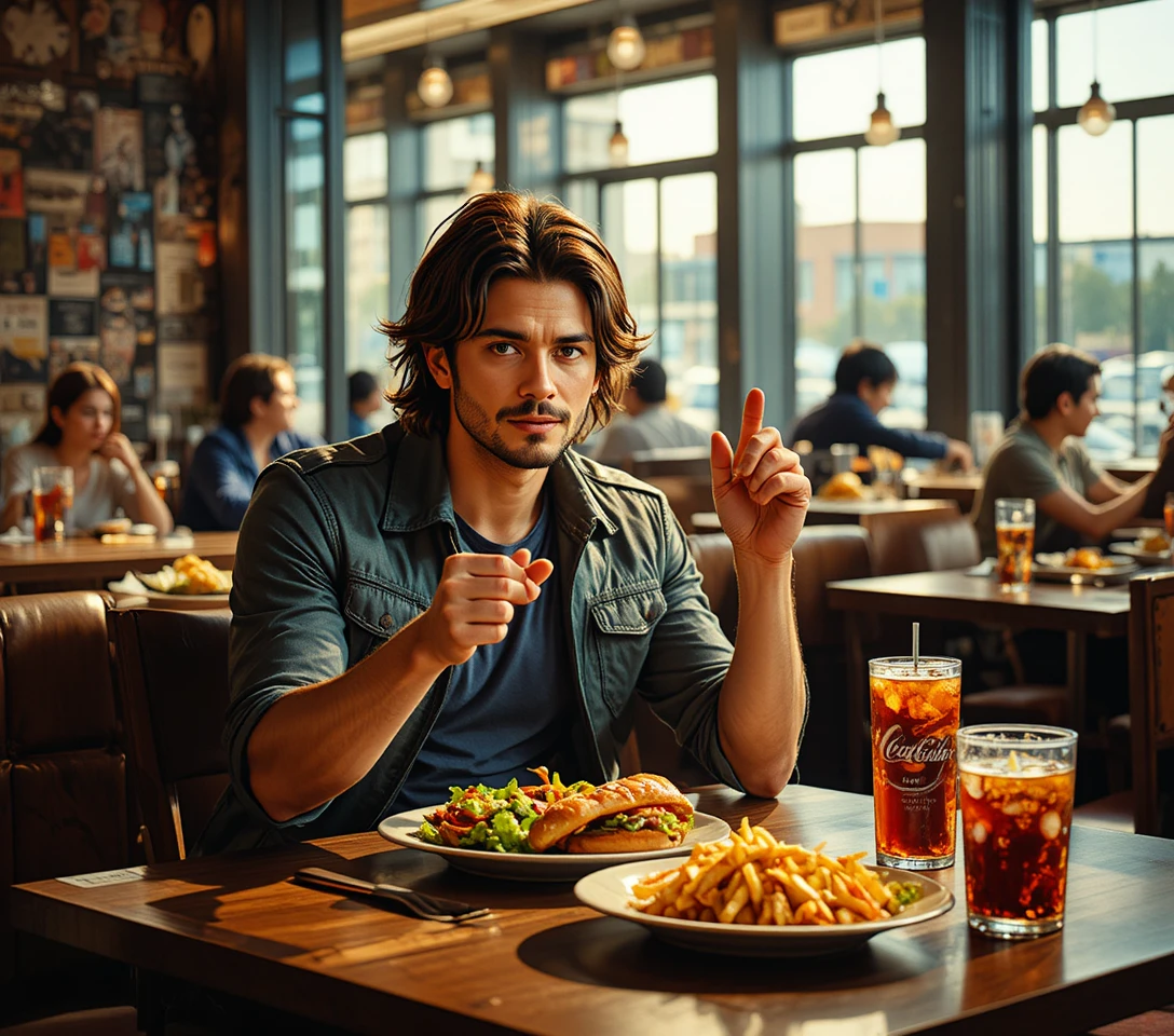Man talking at a modern restaurant table with burgers