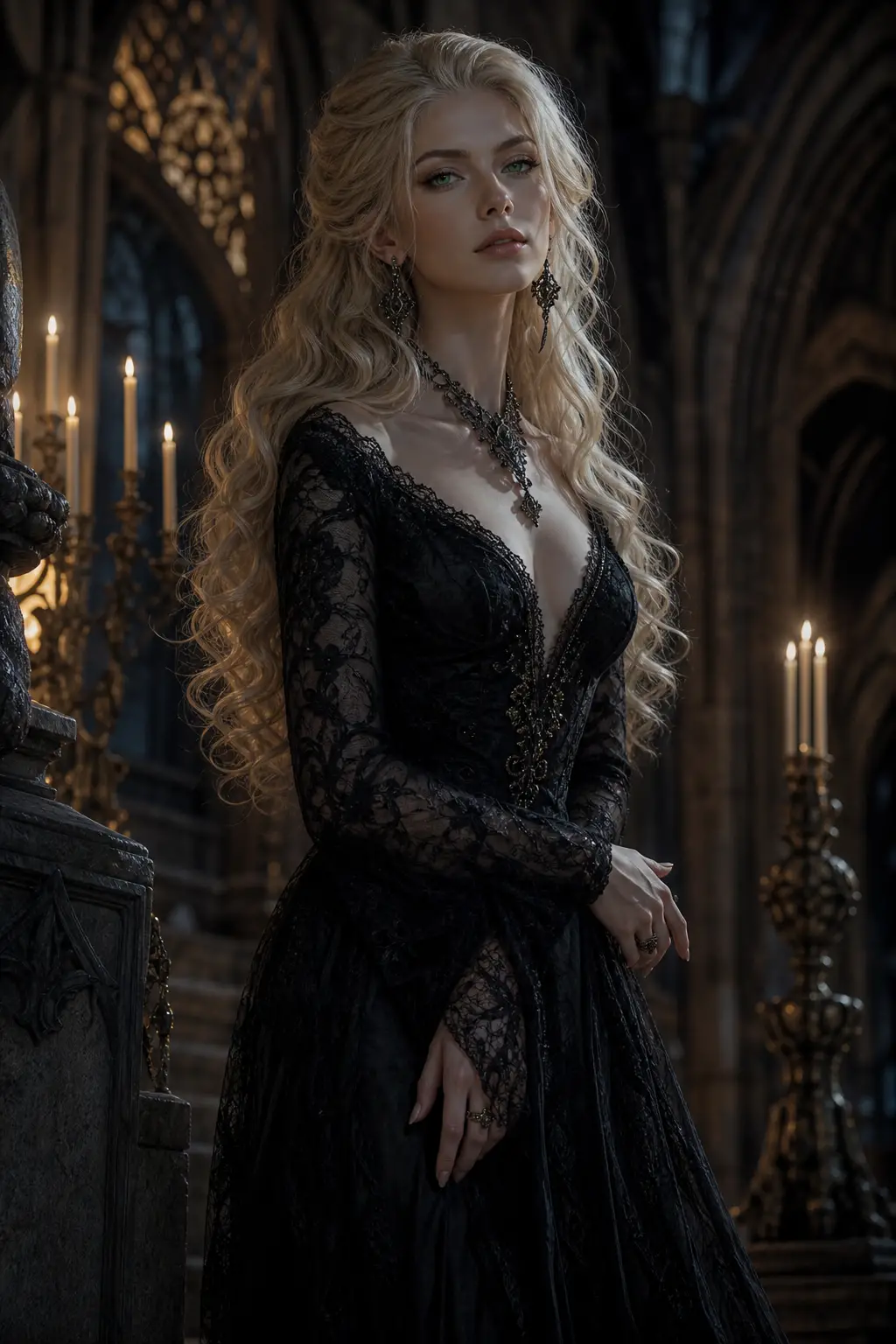 Gothic woman in black lace gown by candlelight