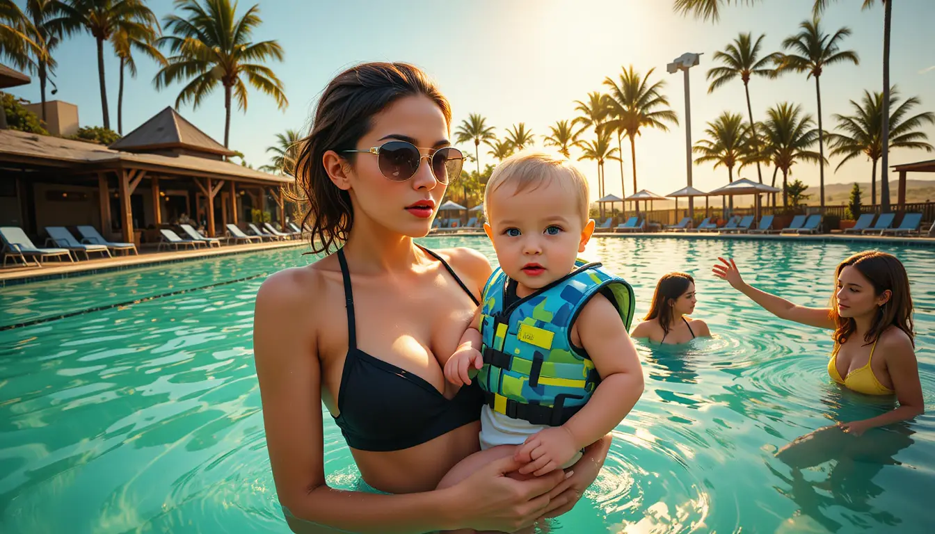 Woman holding baby in sunny resort swimming pool