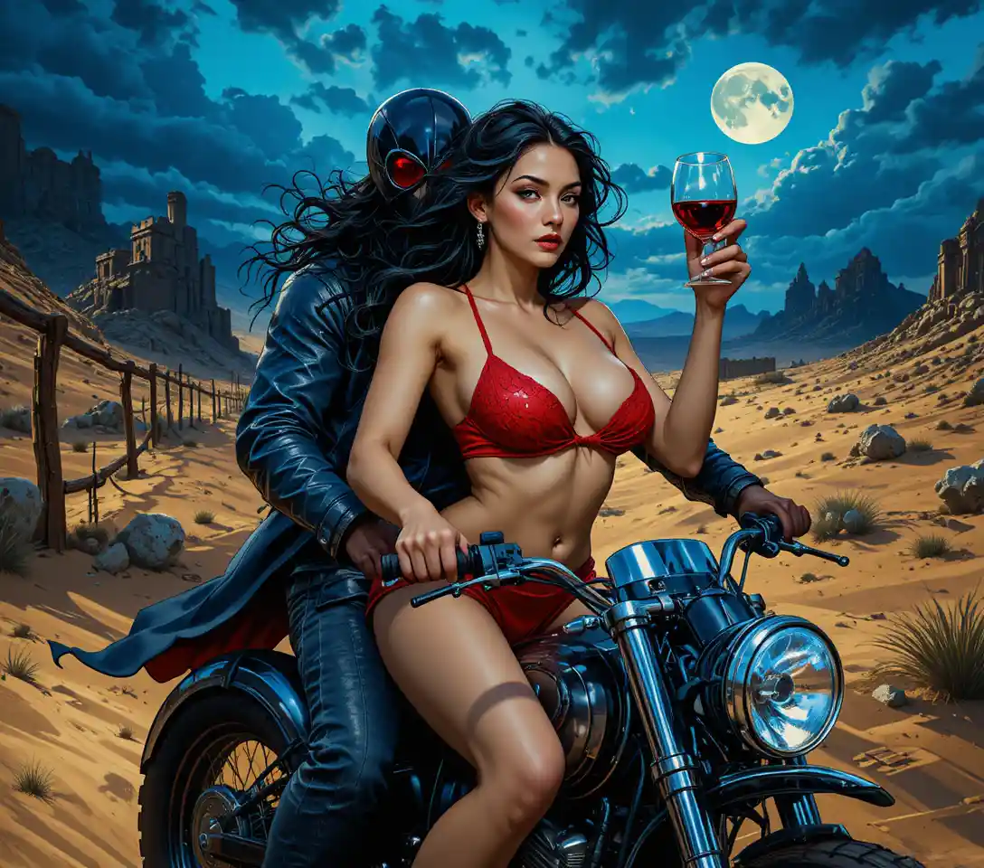 Couple riding an ATV across a vast desert landscape