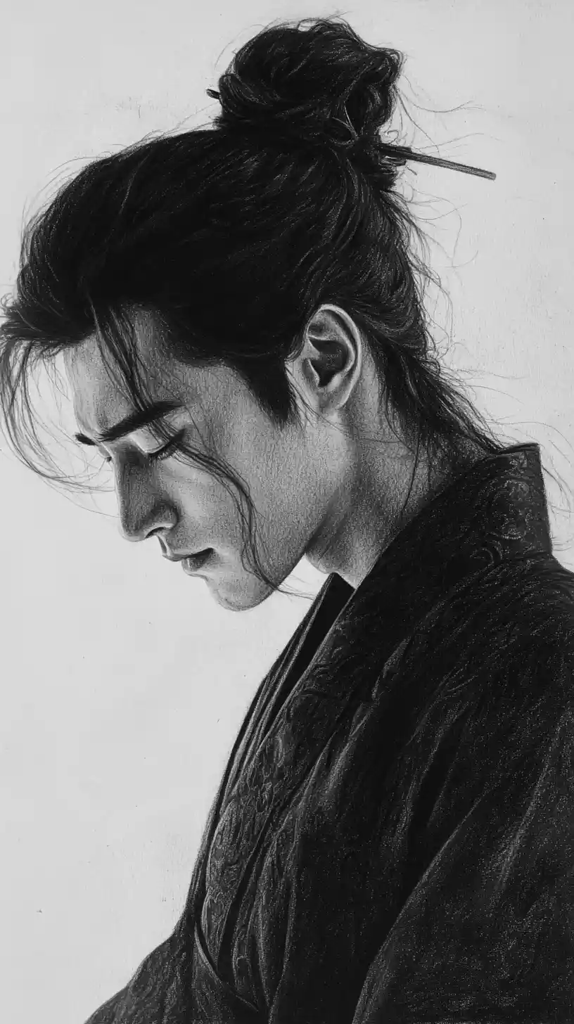 Contemplative Asian man in traditional robes charcoal portrait