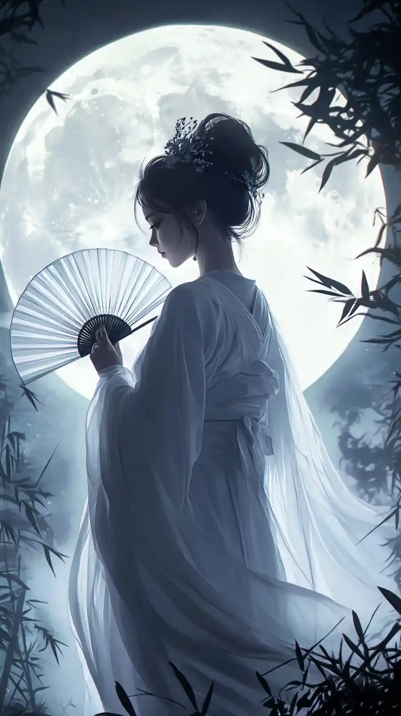Ethereal woman with fan before a glowing moon