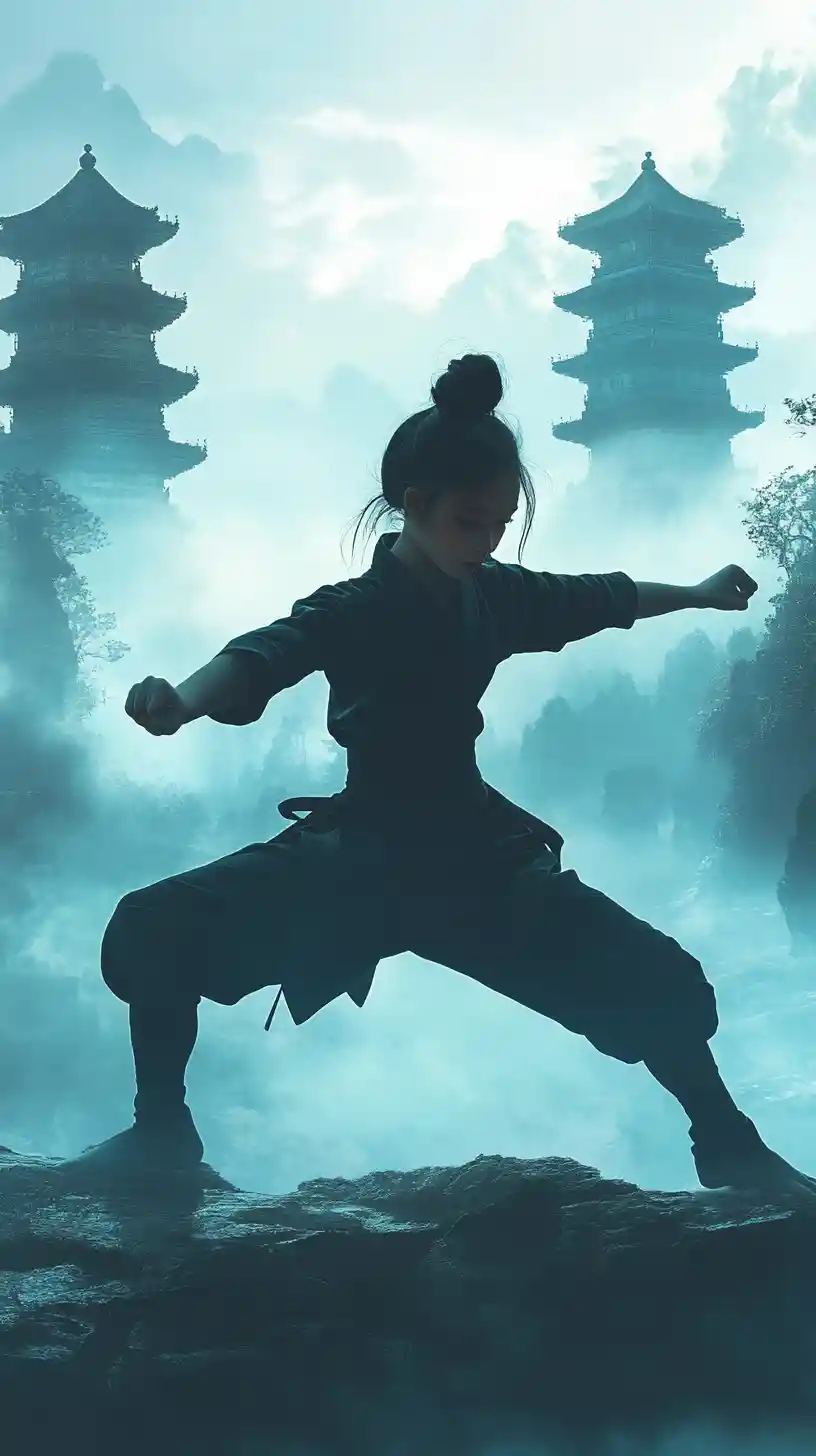 Silhouetted martial arts girl before misty mountain temples