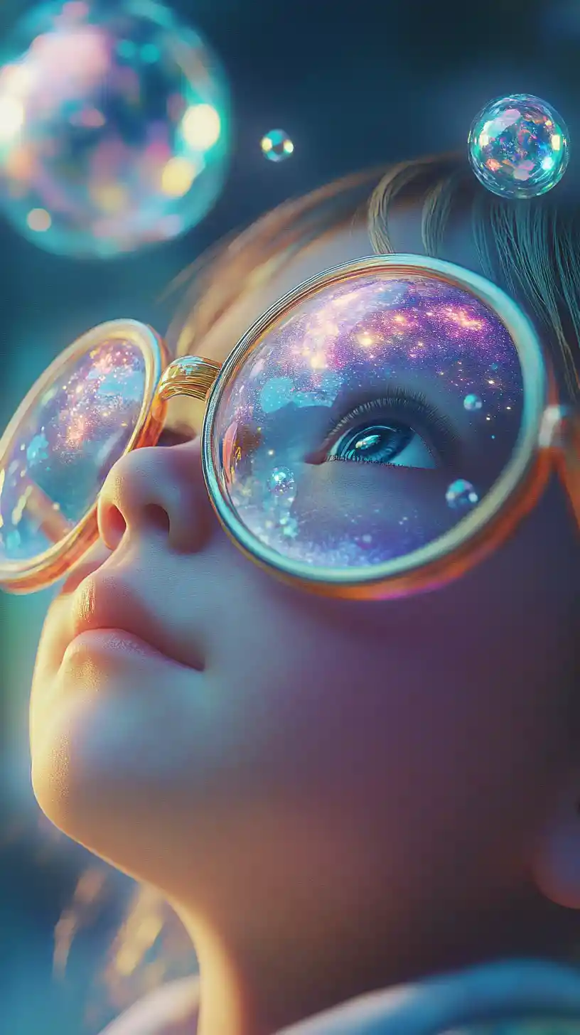 Girl with oversized glasses watching surreal cosmic time bubbles