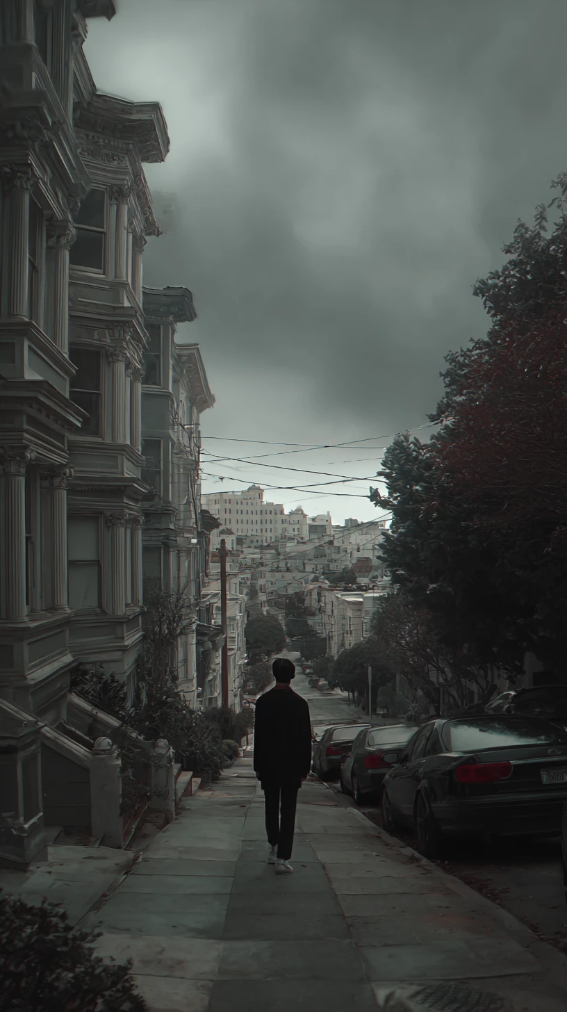 Lonely figure under grey urban San Francisco sky