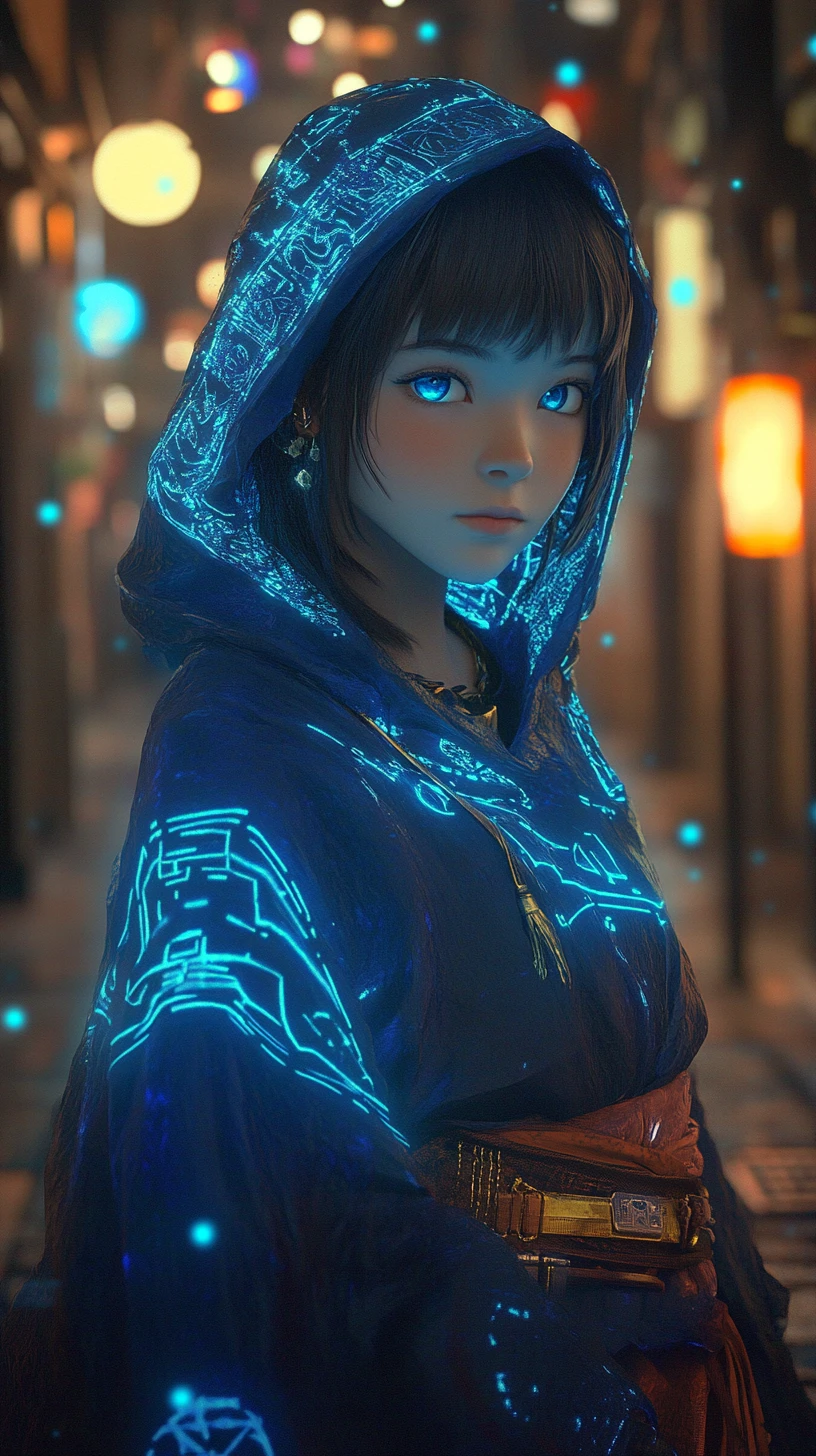 Contemplative anime girl in glowing cyberpunk alleyway