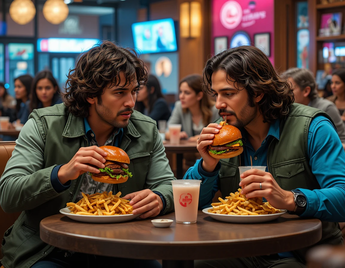 Two men sharing burgers in a warm restaurant booth
