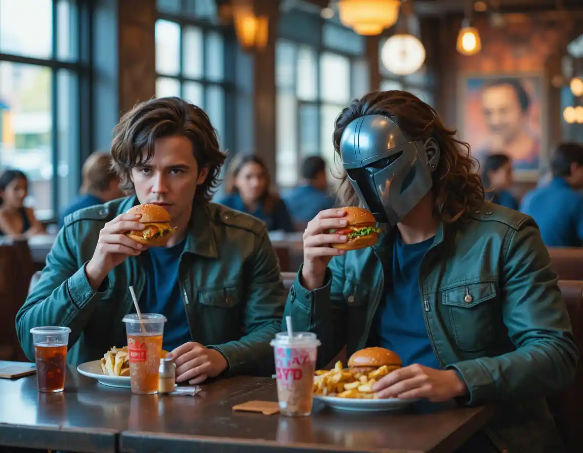Friends sharing burgers and fries in a warm restaurant