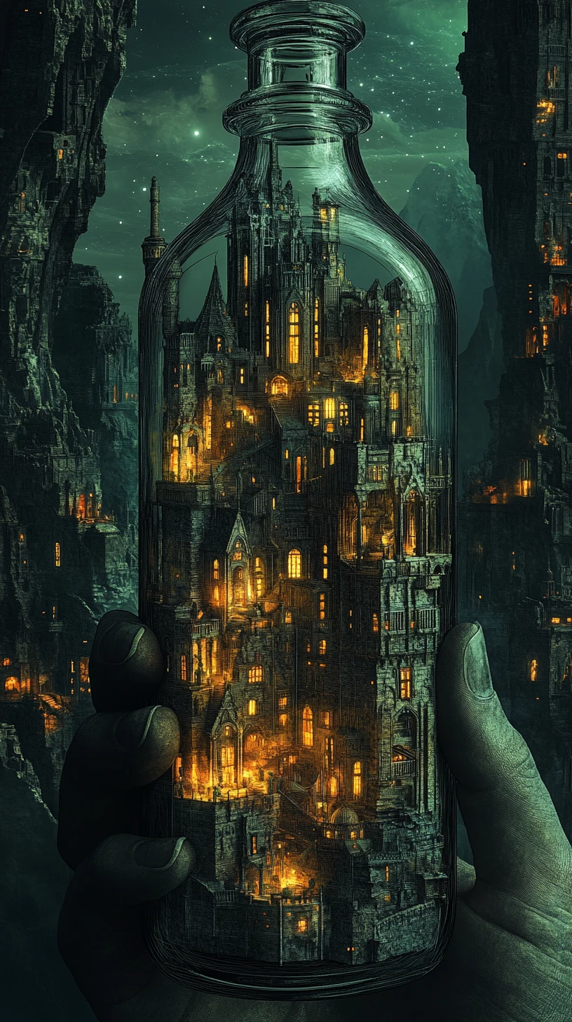Figure Holding A Bottle With A Recursively Nested City