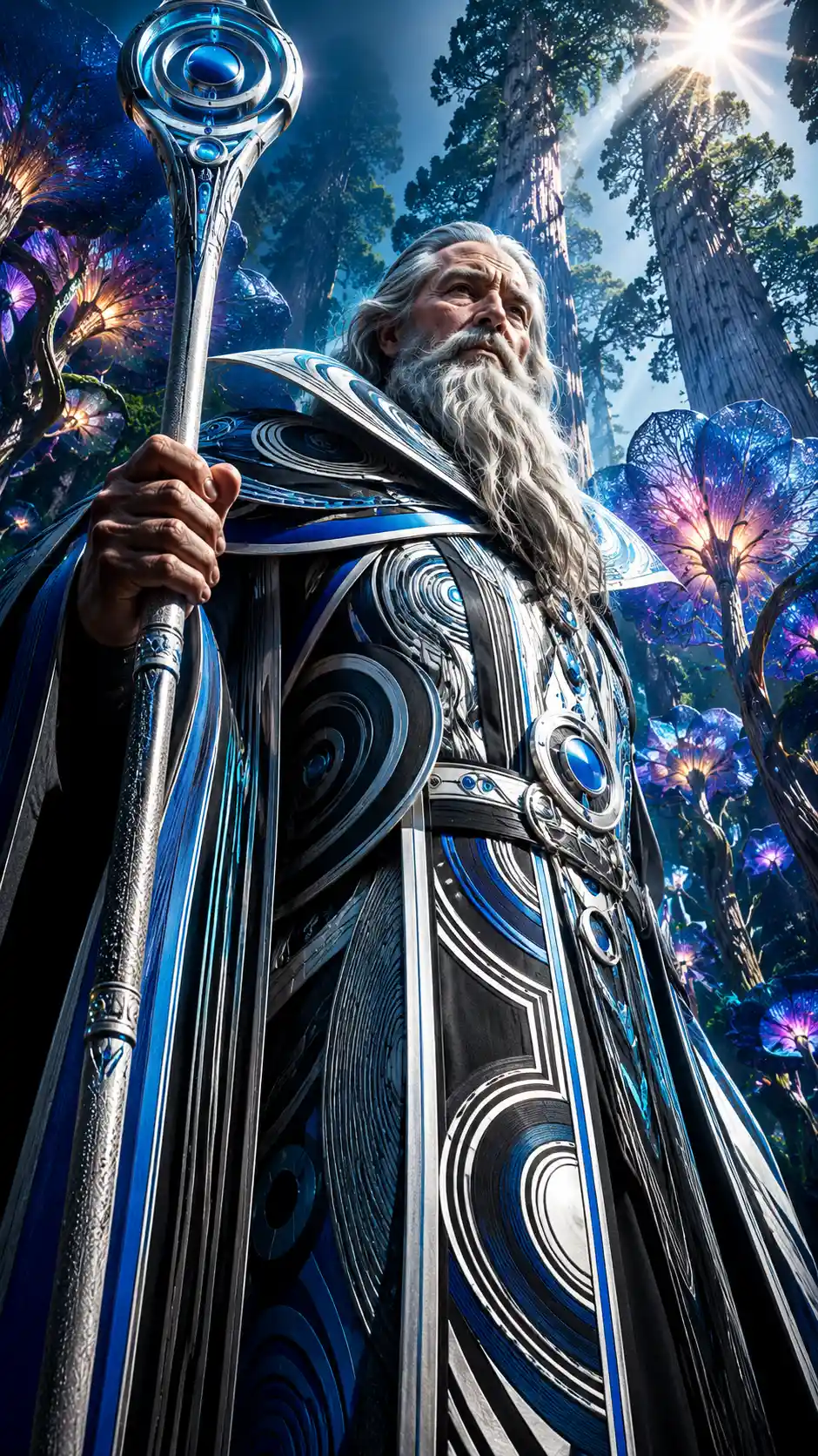 Wizard in enchanted forest with glowing magical flowers