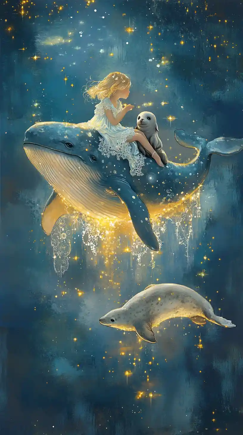 Child Resting On A Celestial Whale With Baby Seal
