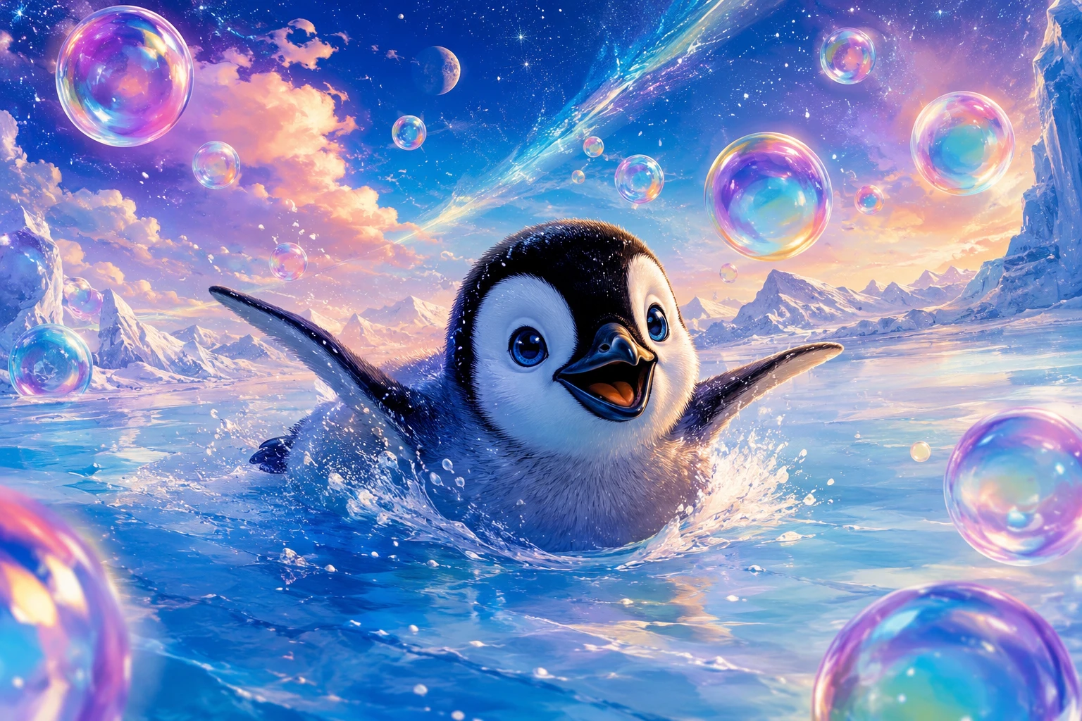 Baby penguin sliding across ice in surreal antarctic scene