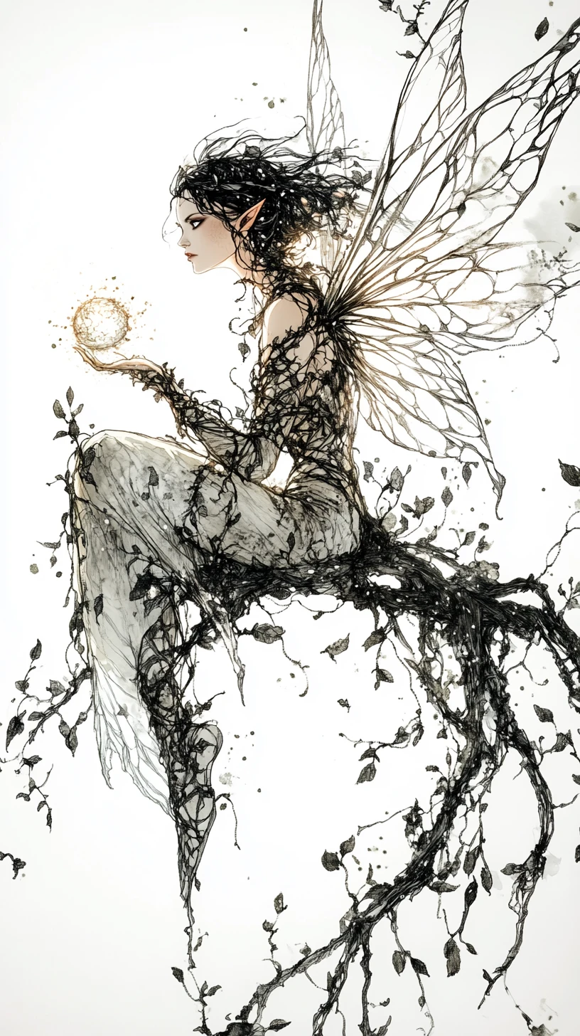 Fierce fairy guarding a glowing orb on a thorny branch