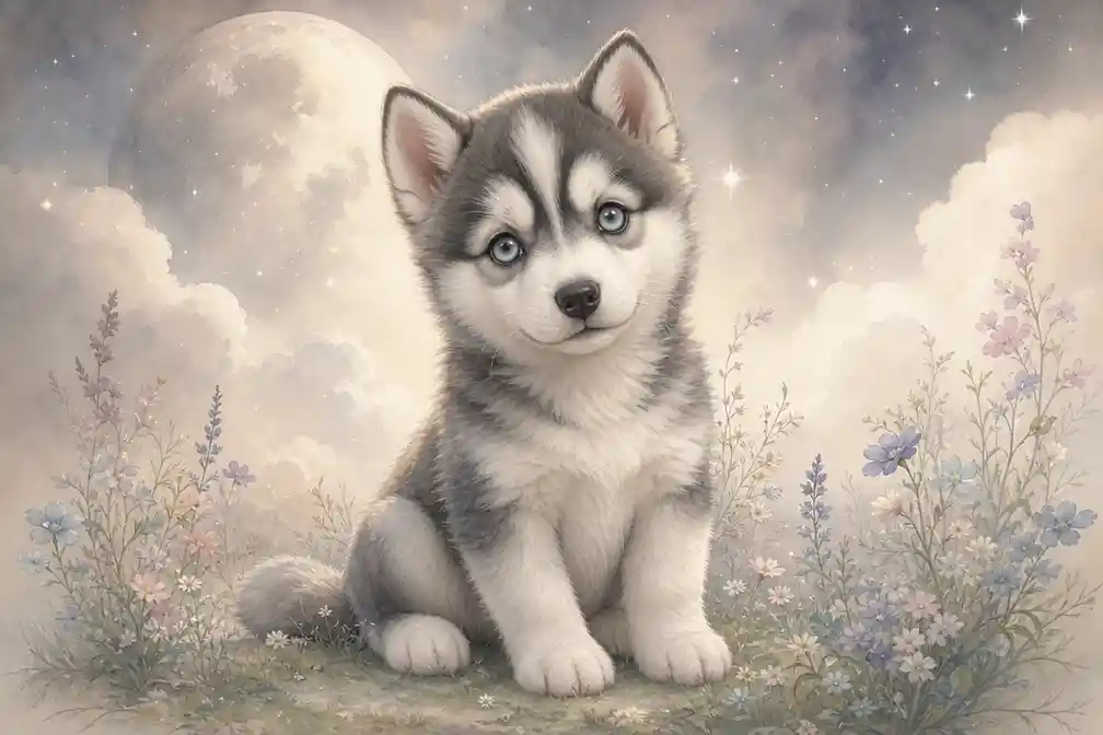 Cute husky puppy on grass in soft nursery illustration