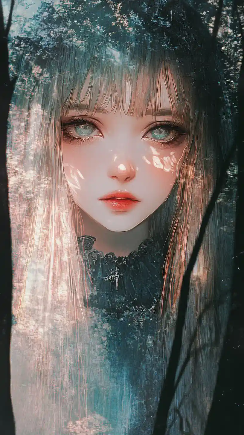 Anime girl portrait with double exposure forest overlay