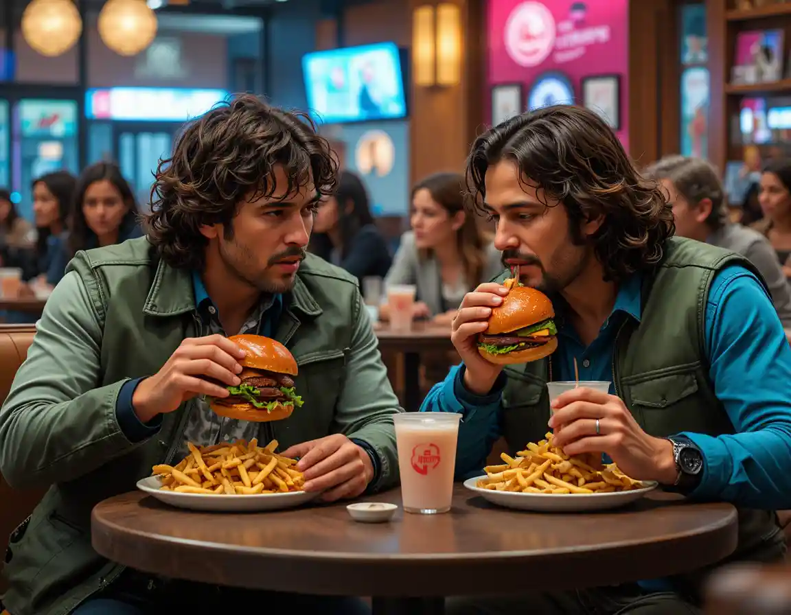 Two men sharing burgers in a warm restaurant booth
