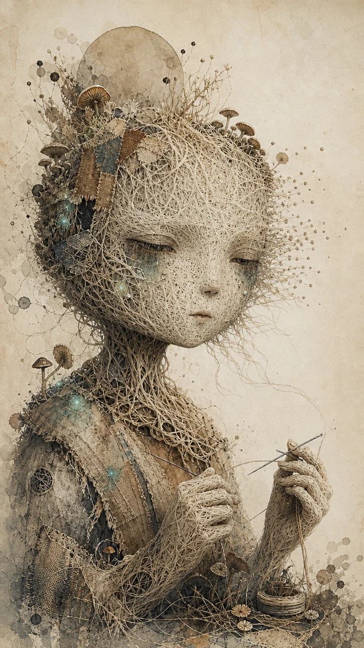 Melancholisches Myzel-Mädchenporträt in Mixed-Media-Illustration