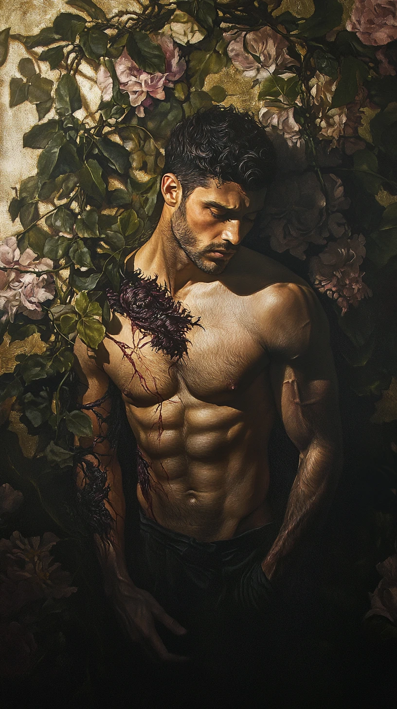 Human figure with beastly shadow amid dark floral vines