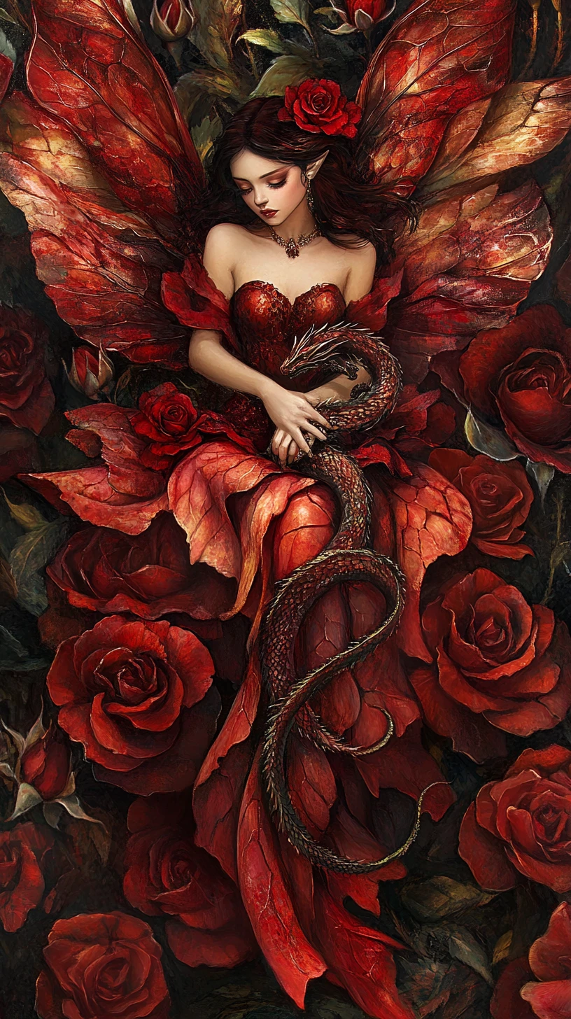 Fairy woman in crimson gown among giant blooming roses