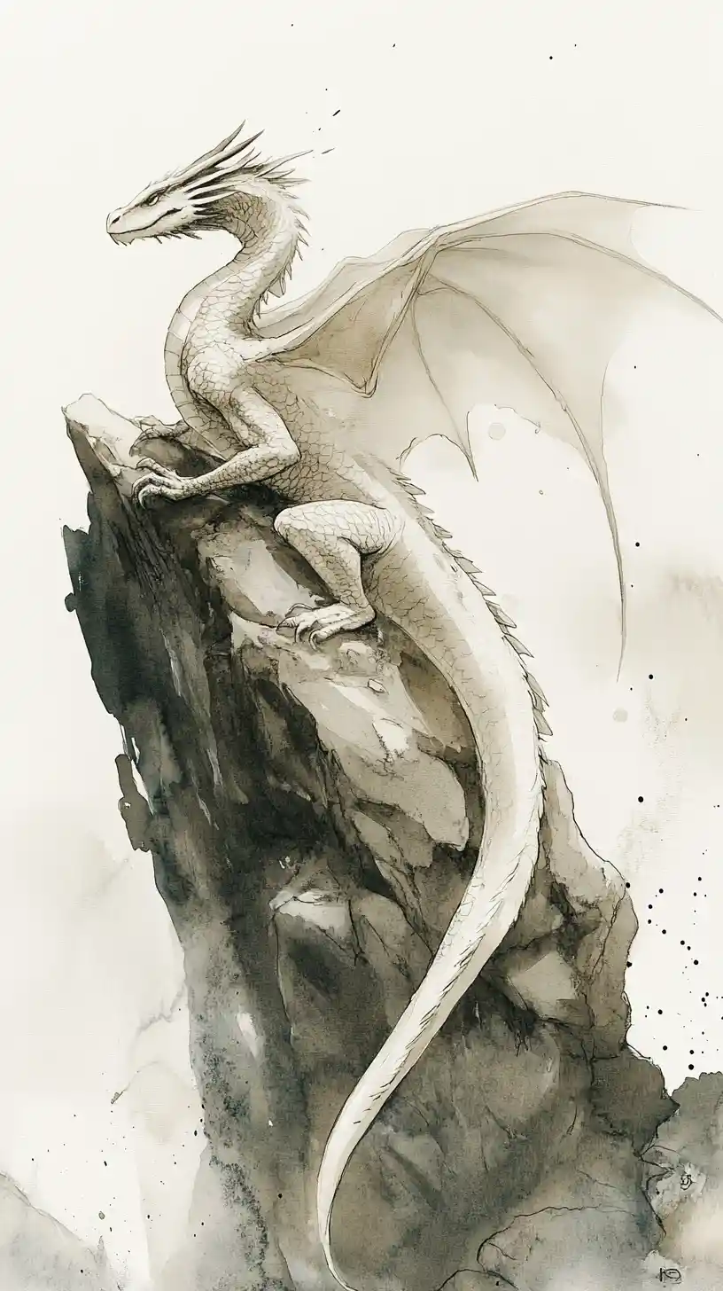 Elegant dragon on rocky cliff in watercolor ink illustration