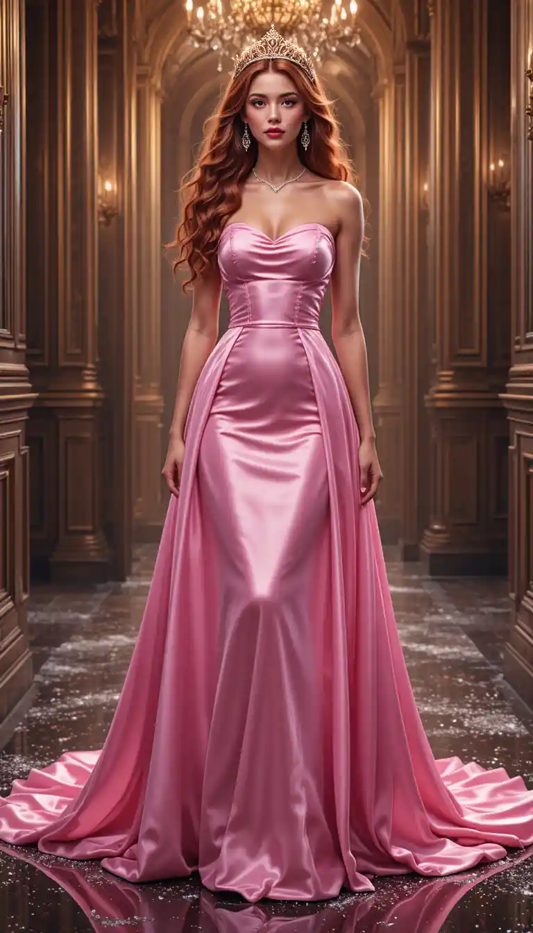 Elegant woman in bright pink satin strapless gown