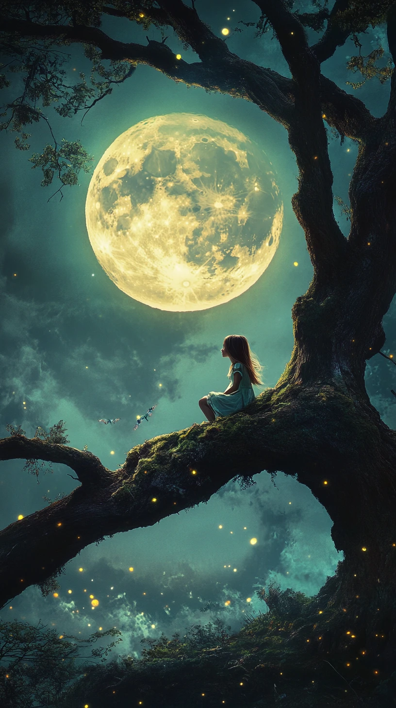 Girl on tree branch watching a colossal luminous moon