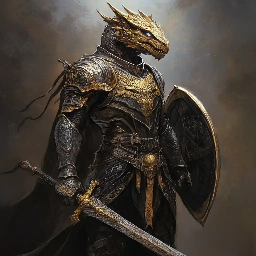 Dragonborn paladin in ornate black armor with shield