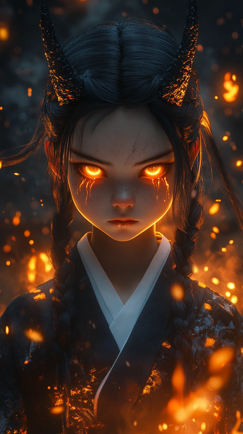 Horned girl in kimono with glowing orange eyes