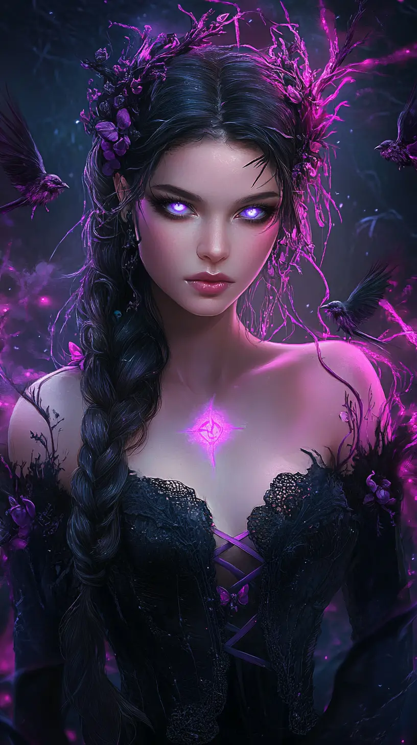 Hechicera gótica de fantasía con energía mágica violeta brillante