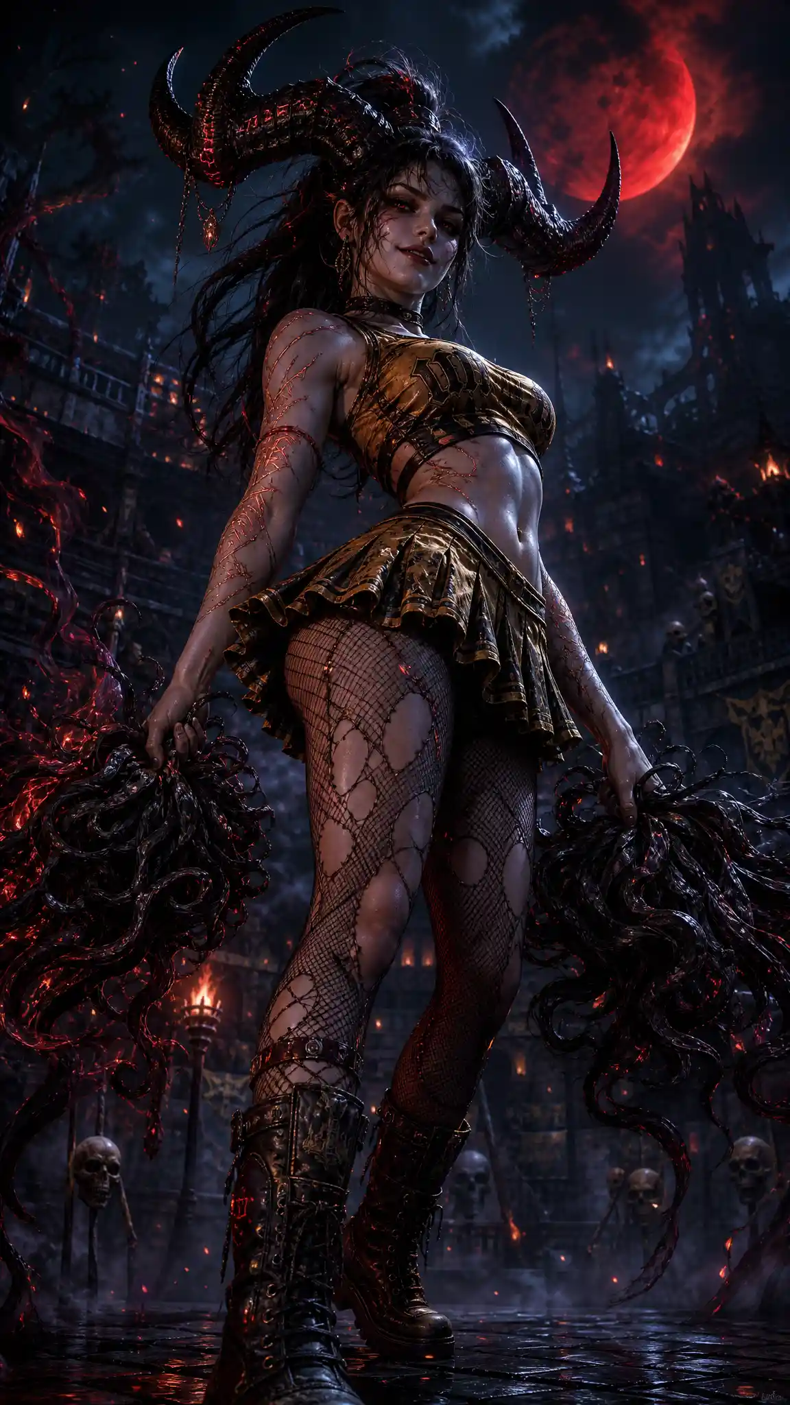 Demonic cheerleader with horns in a ruined gothic stadium