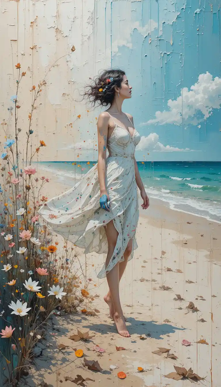 Abstract woman walking on an ethereal beach landscape