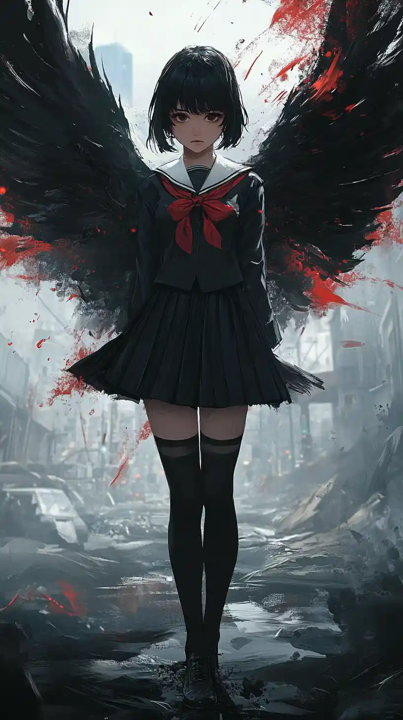 Anime schoolgirl with bloodlike wings in ruined city