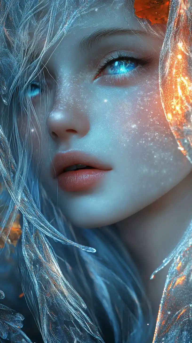Ethereal blue eyed fairy woman in glowing contrast portrait