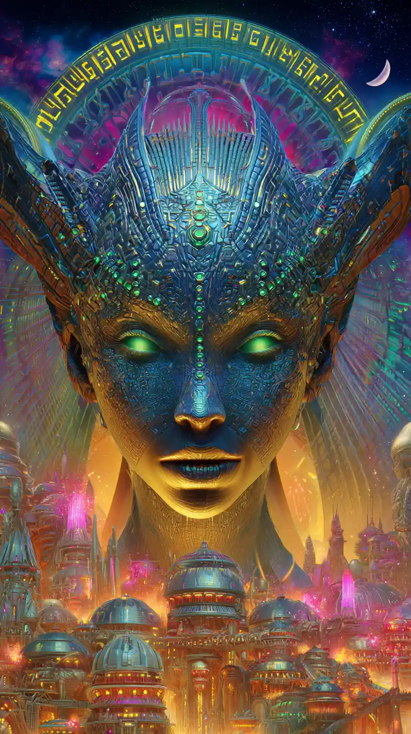 Ethereal Alien Queen Portrait Above Futuristic Luminous City