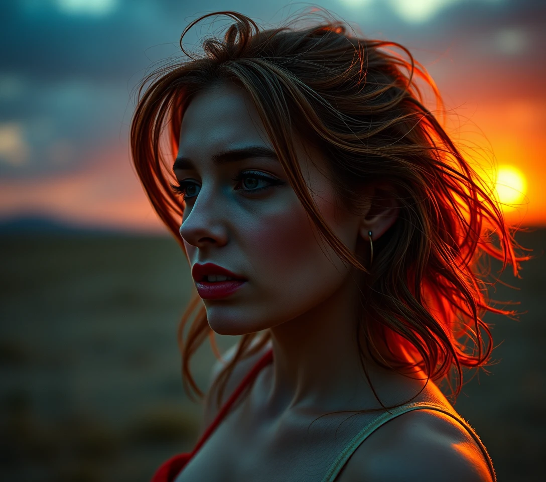 Surreal woman at sunset with contrasting love and sadness
