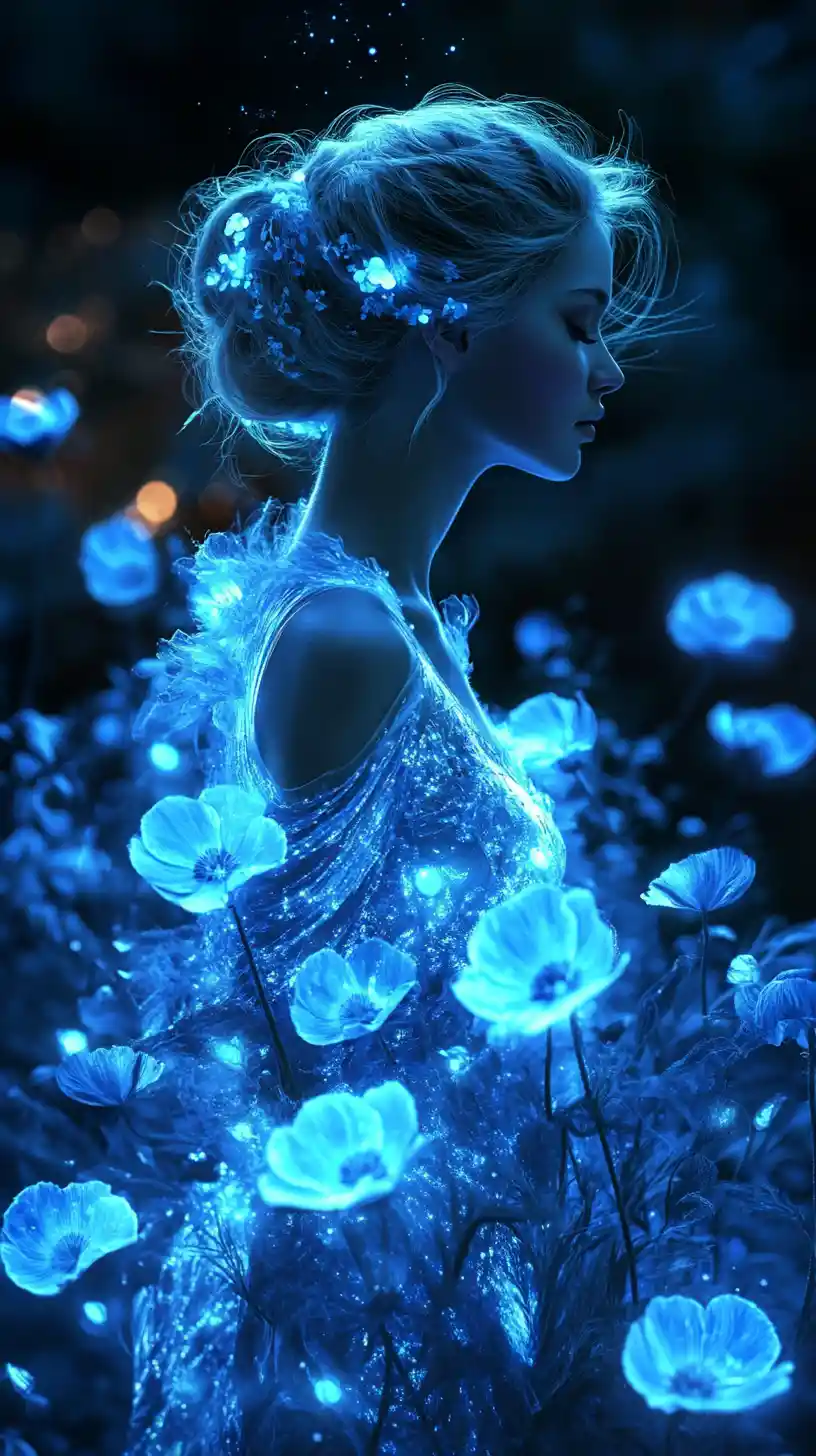 Enchanted woman in blue gown amid glowing fantasy poppies
