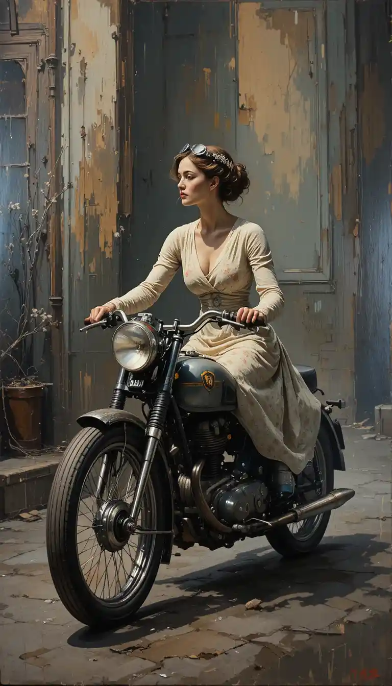 Vintage woman riding a 1920s motorcycle in dynamic motion