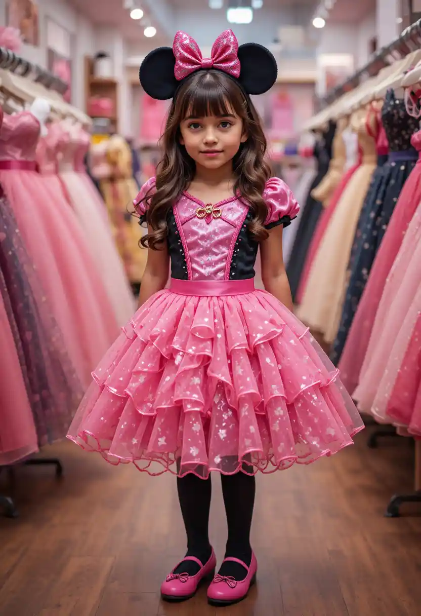 Tween boy in pink Minnie dress at Disney shop