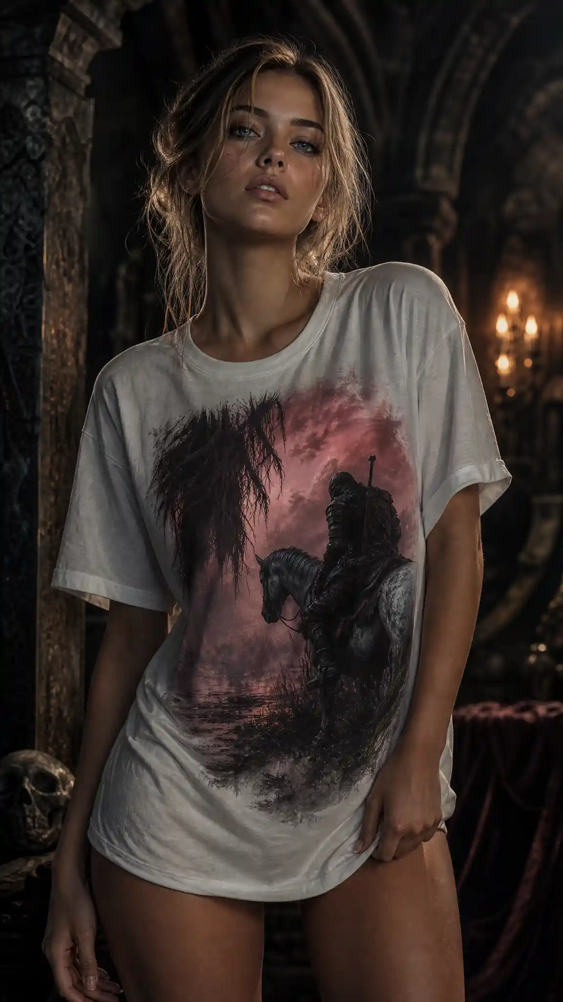 Dark fantasy illustration of a woman in a white printed tshirt