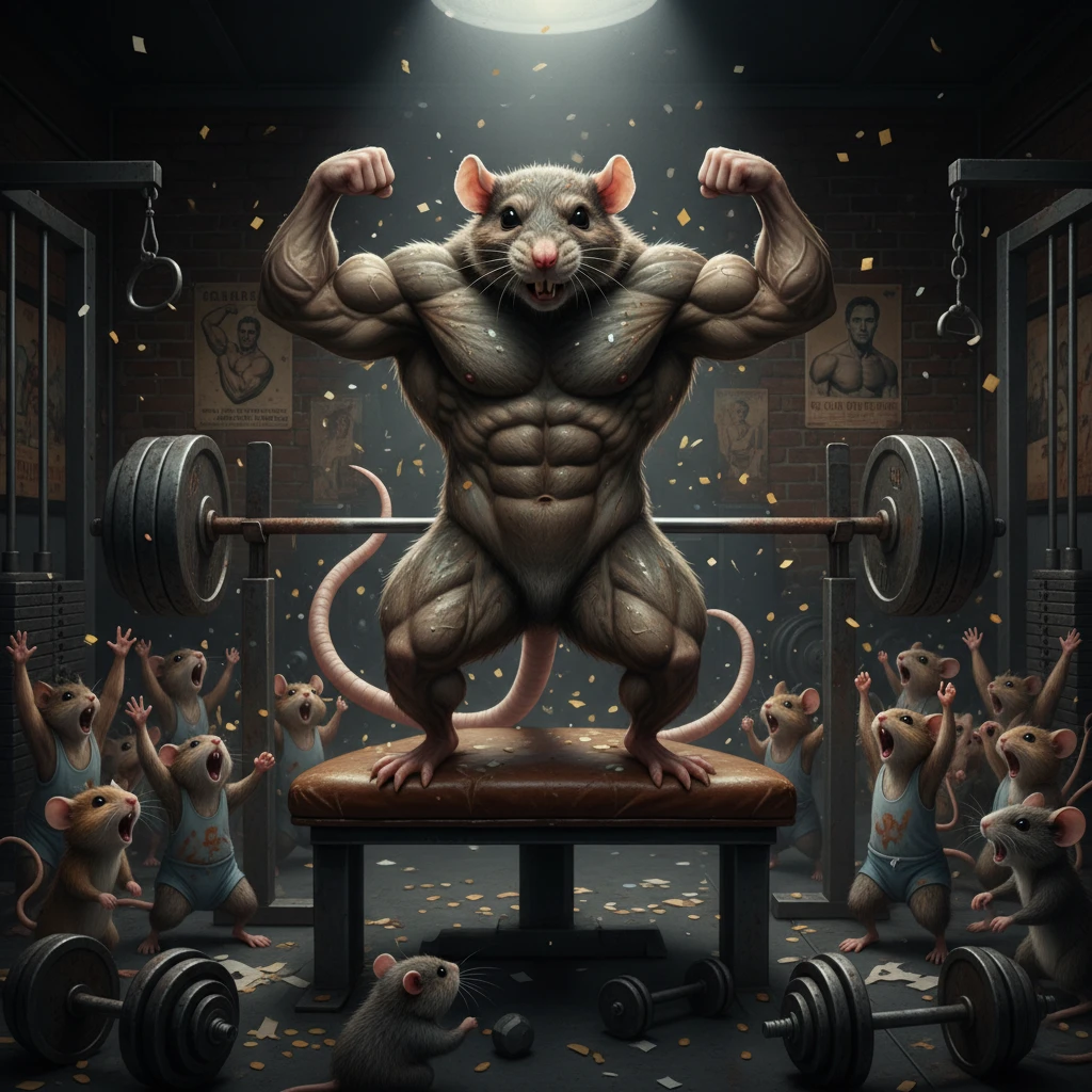 Muscular rat flexing on a weight bench in moody gym