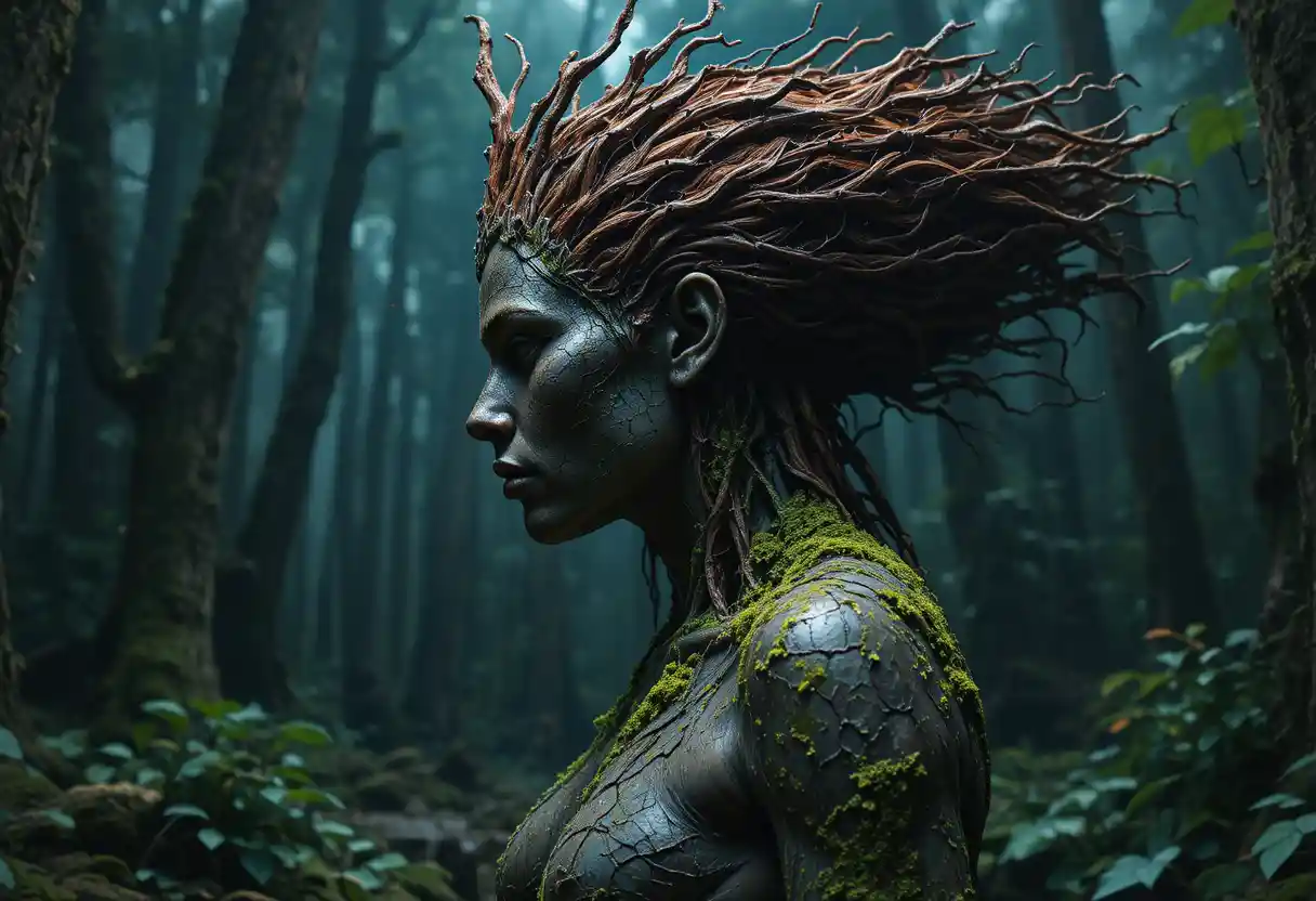 Ancient earth goddess towering in a moonlit forest