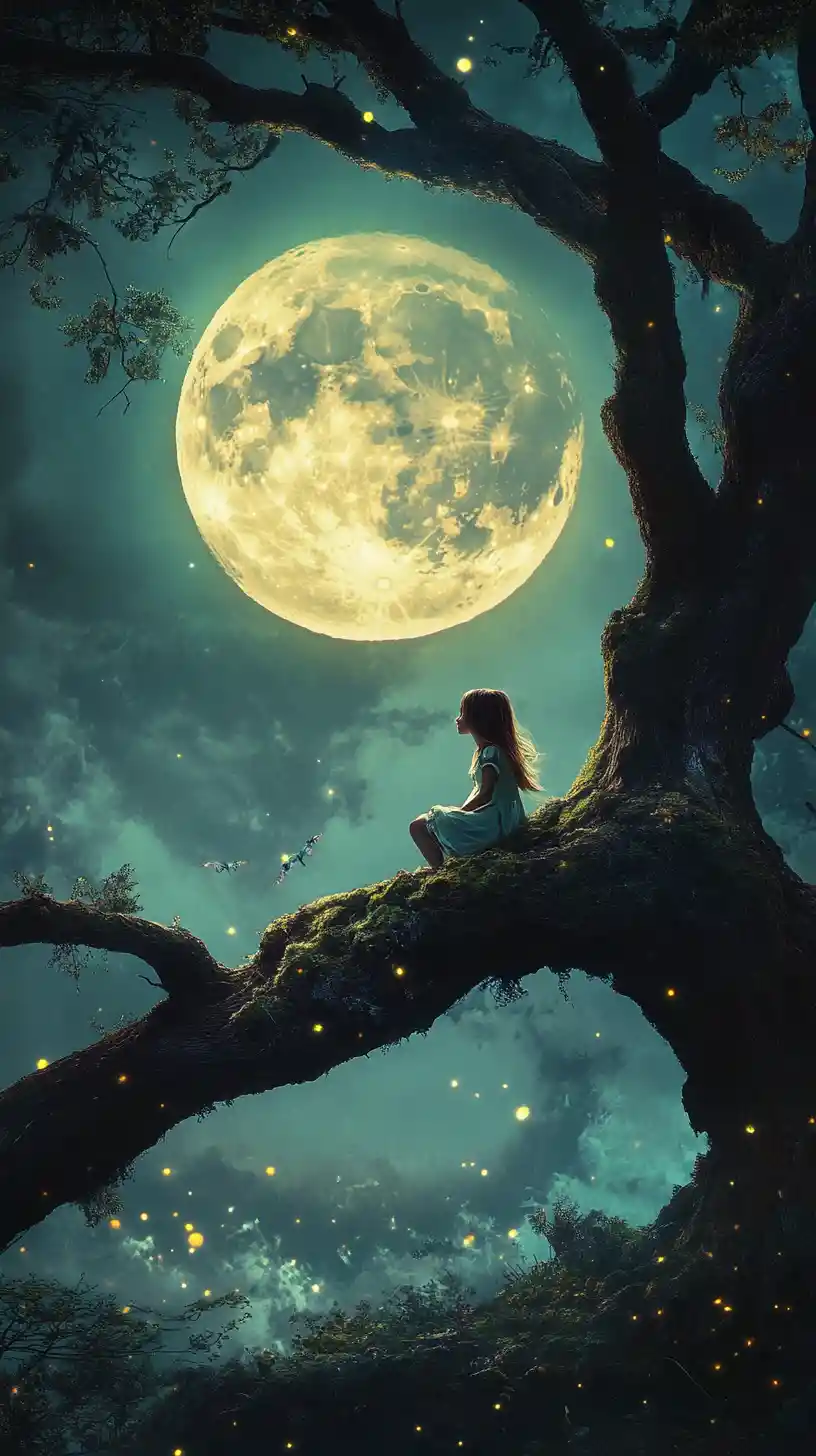 Girl on tree branch watching a colossal luminous moon